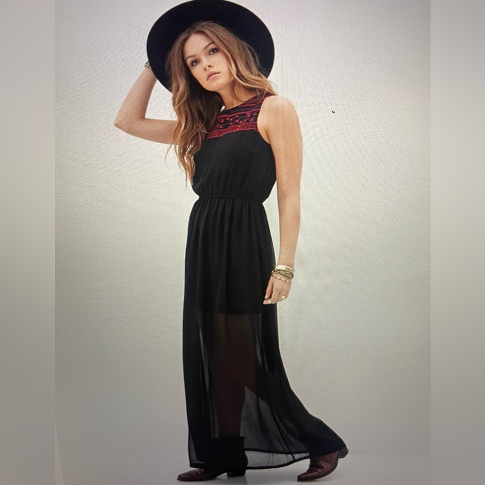 Forever 21 Black Maxi Pink Purple Embroidery Dress